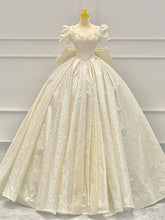 Champagne Sequins Square Puff Sleeve Beading Wedding Dress